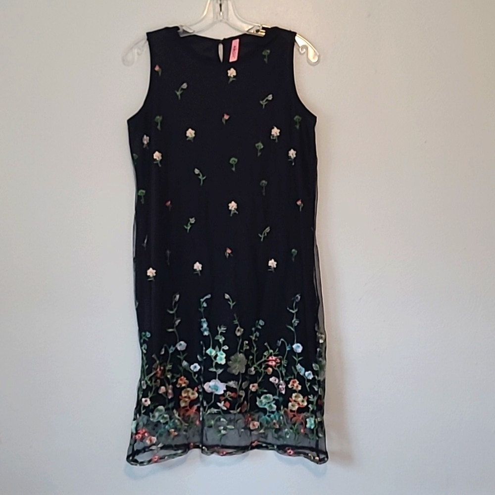 Magic Garden Black Dress w/ Colorful Embroidered Garden Flowers Sleeveless Sz.L